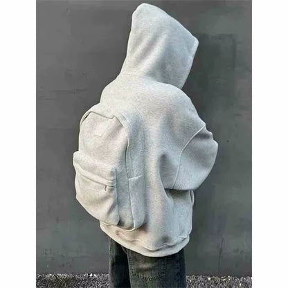 Spring Autumn Men Long Sleeves Hooded Sweatshirt Vintage Backpack Cardigan Personality Highstreet 2Xl Oversized Coat Black White