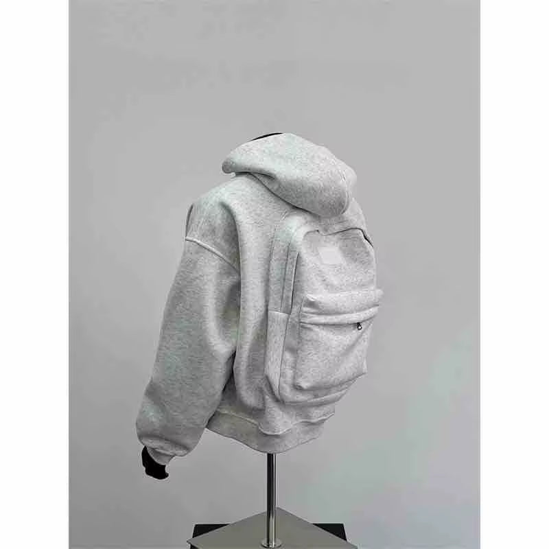 Spring Autumn Men Long Sleeves Hooded Sweatshirt Vintage Backpack Cardigan Personality Highstreet 2Xl Oversized Coat Black White