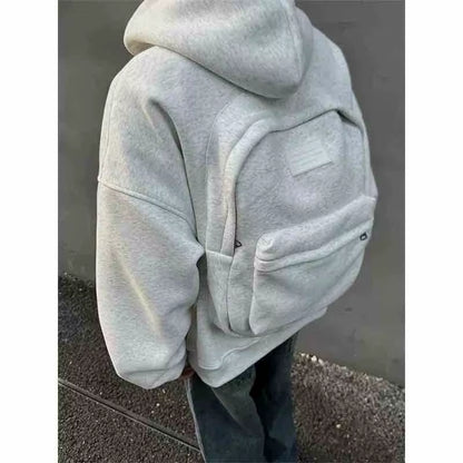 Spring Autumn Men Long Sleeves Hooded Sweatshirt Vintage Backpack Cardigan Personality Highstreet 2Xl Oversized Coat Black White