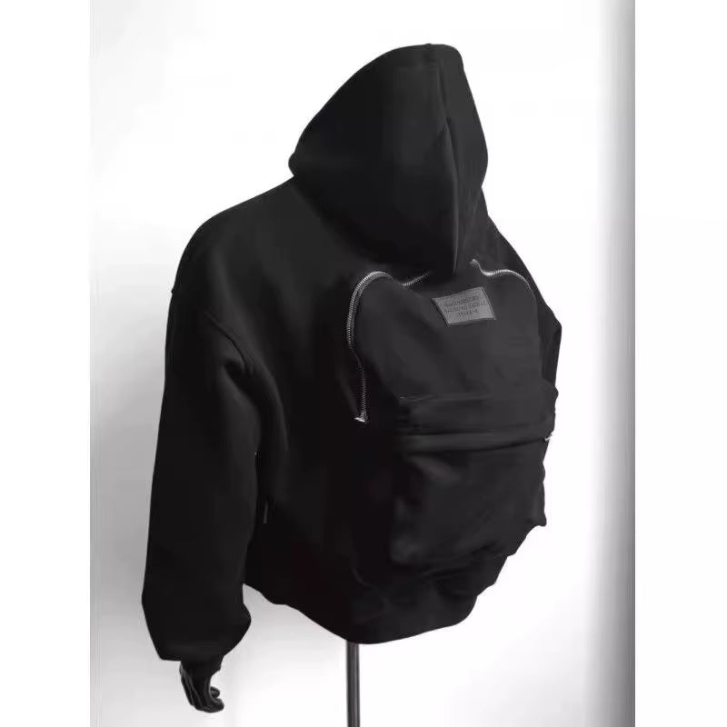 Spring Autumn Men Long Sleeves Hooded Sweatshirt Vintage Backpack Cardigan Personality Highstreet 2Xl Oversized Coat Black White